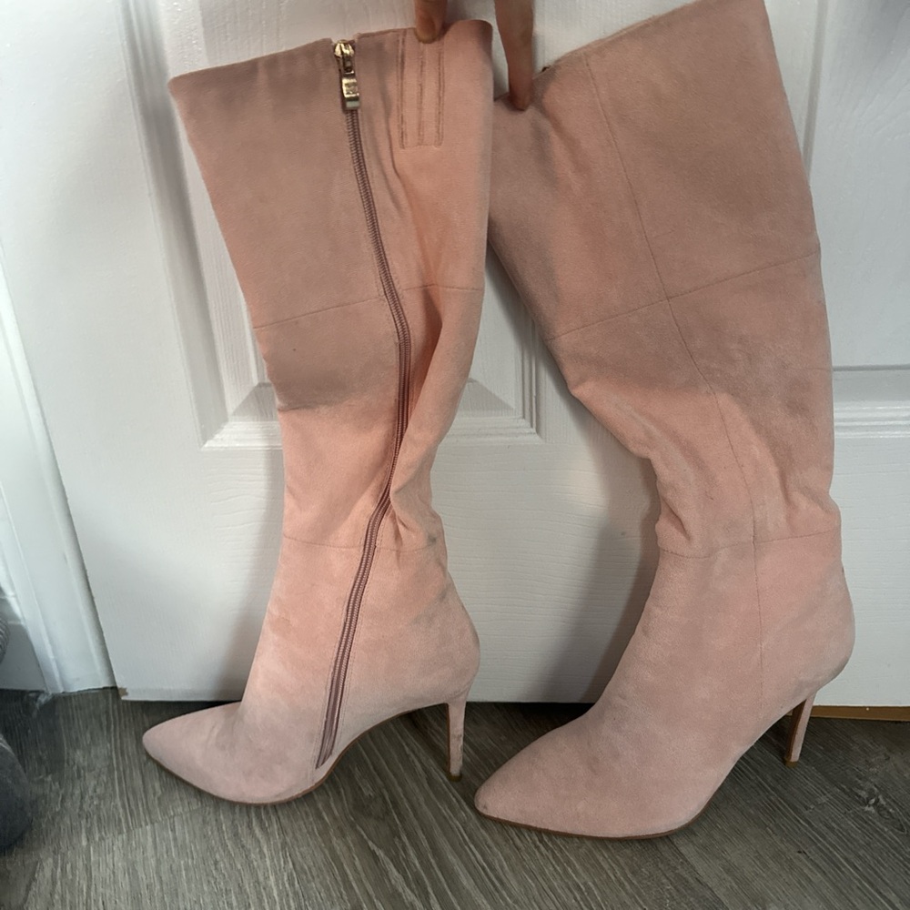 Pink suede knee high boots